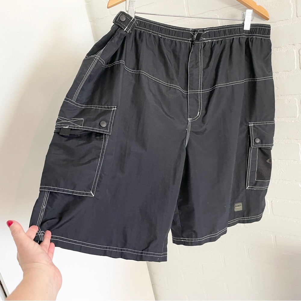 Y2K Techwear Nylon Cargo Utility Shorts Contrast Stitch Mesh Pocket Sz XL OP